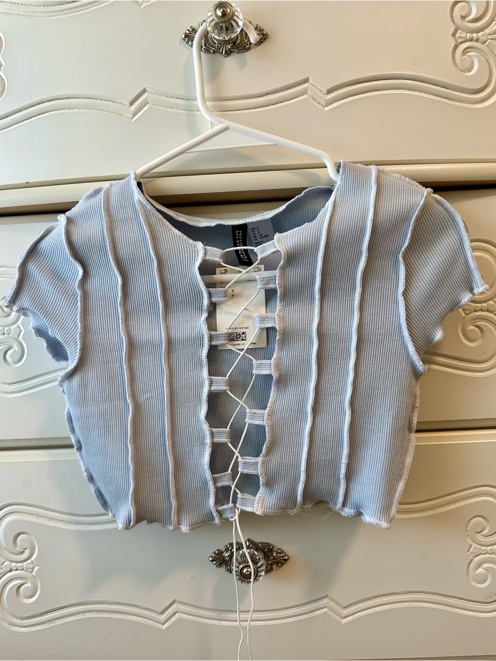 H&M Divided Light Blue Ribbed Lace-Up Crop Top Size S